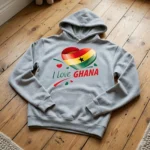 I Love Ghana Hoodie Hooded Top Heather Grey Unisex Flag Heart Pullover Size XL-