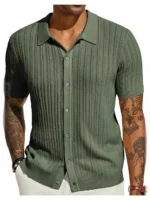 Men’s Textured Knit Polo Shirt Button-Up Summer Short Sleeve Slim Fit Casual - Image 4