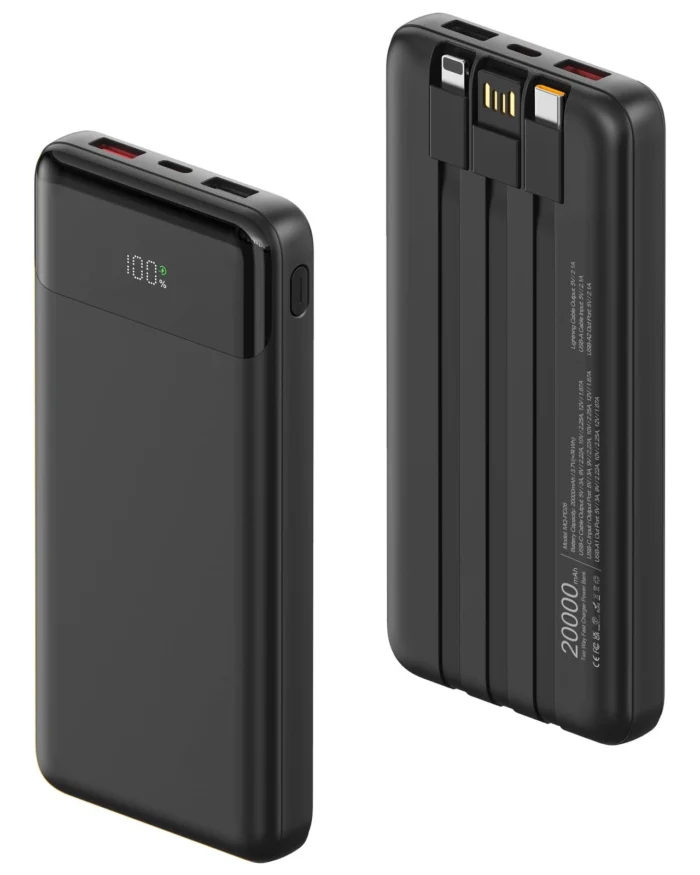 Power Bank 20000mAh with Built in 3 Cable, 22.5W Fast Charging Portable Black