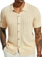 Men’s Textured Knit Polo Shirt Button-Up Summer Short Sleeve Slim Fit Casual - Image 3