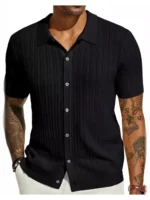 Men’s Textured Knit Polo Shirt Button-Up Summer Short Sleeve Slim Fit Casual