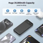 Power Bank 20000mAh with Built in 3 Cable, 22.5W Fast Charging Portable Black - Image 4