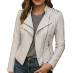 Women's Beige Genuine Leather Biker Jacket – Slim Fit Moto Style Outerwear Coat